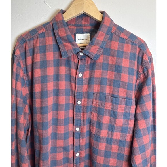 American Eagle Super Soft Blue Coral Check Long Sleeve Shirt Men's Size XXL - Picture 2 of 14